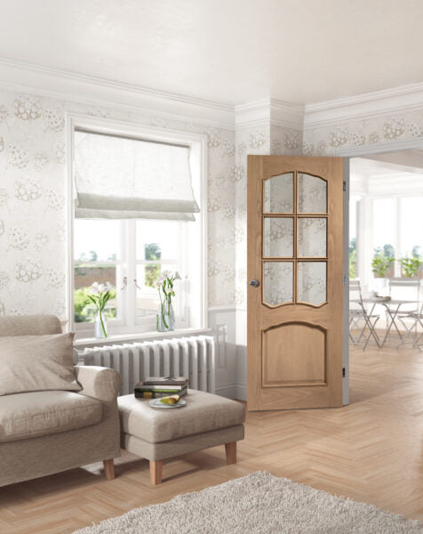 Riviera Internal Oak Door With Raised Mouldings and Clear Bevelled Glass